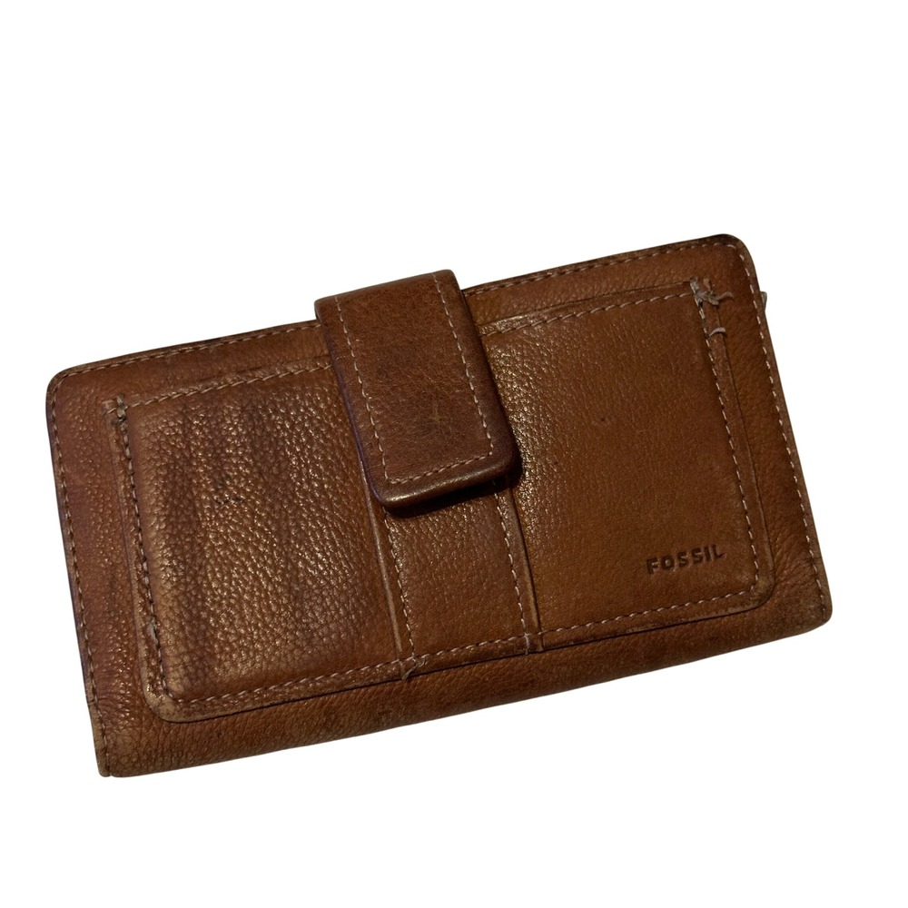 Fossil Brown Pebbled Genuine Leather Bifold Clutch Wallet with ID Windows